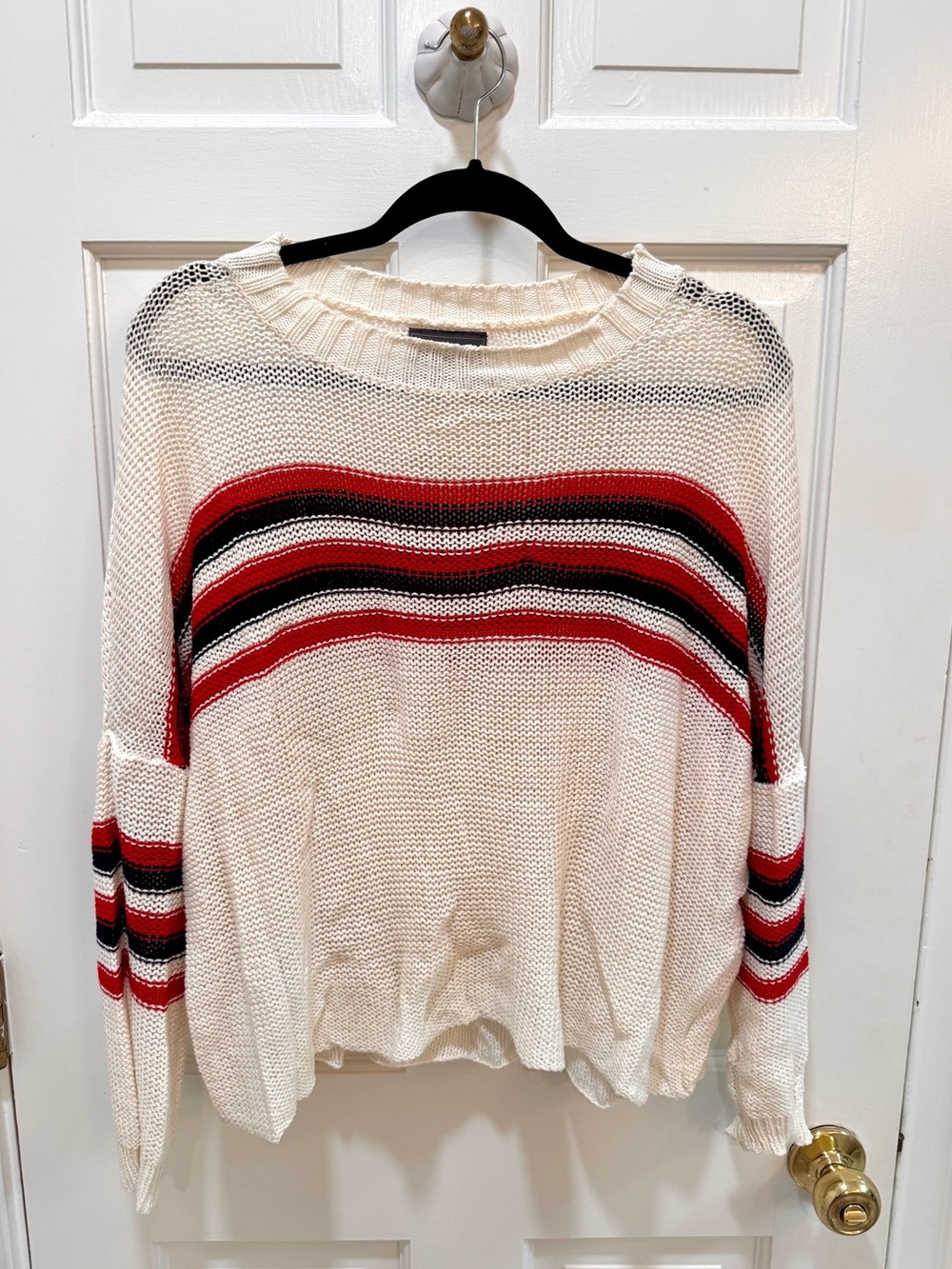 Wooden Ships | Cream Knit Sweater with Red & Navy Stripes, S/M